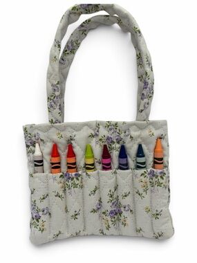 Kids Floral Quilted Crayon Tote Bag - White with purple flowers.